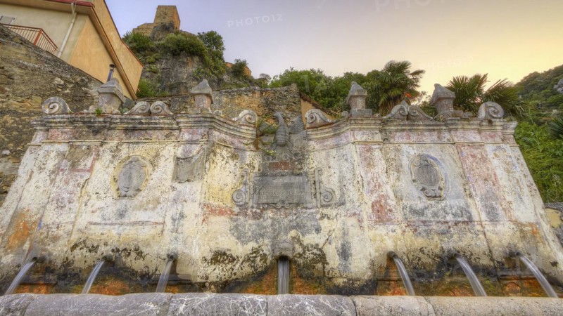 HDR, fountain, super wide angle shot, frontal vou down, morning light, Alcara li Fusi, village, Nebrodi National Park, Sicily, Italy, Europe