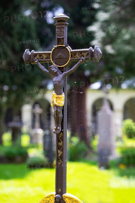 Crosses with cobwebs at the burial ground of St. Sebastian's Cemetery, Church of St. Peter, Salzburg, Austria, Europe