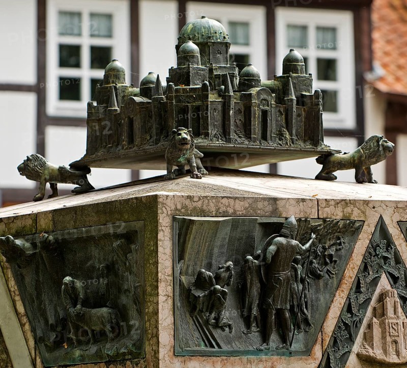 Bronze sculpture with a miniature of the city of Jerusalem on the ashlar of the synagogue memorial, Hildesheim, Lower Saxony, Germany, Europe