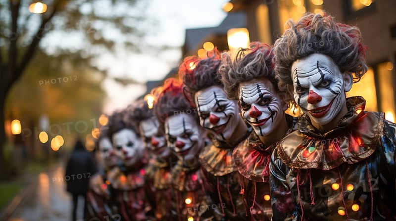 Several teenagers dressed up as clowns for halloween walking down the sidewalk together, generative AI