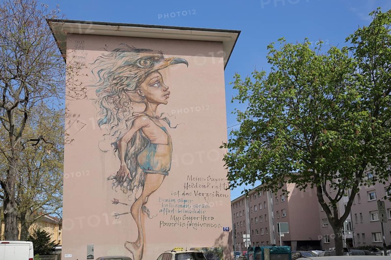 Mural My Superhero Power is Forgiveness by Herakut 2013, figure, eagle figure, graffiti, street art, city centre, Mannheim, Hesse, Germany, Europe