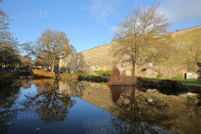 City fortification with historic Dadenberg Tower and reflection in the duck pond during autumn, Andernach, Rhineland-Palatinate, Upper, Middle Rhine Valley, Germany, Europe
