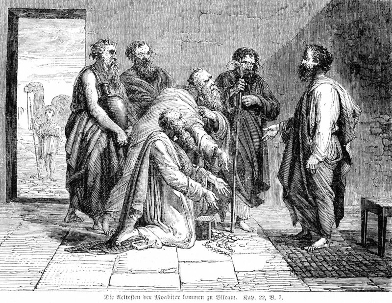 The elders of Moab come to Balaam, group, old men, princes, gold, greed, kneel, age, divination, staff, Balak, interior, camel, Bible, Old Testament, Book 4 of Moses, Chapter 22, Verse 7, historical illustration c. 1850