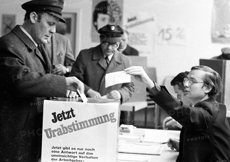 The Public Services Transport and Traffic Union (ÖTV) held a ballot to determine the attitude of its members towards a strike in Dortmund, Germany, 07 February 1974, Europe