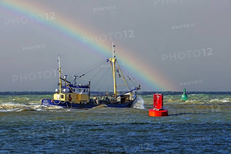 Shrimp cutter 0. 191 Romy leaving the Ostend port to go bottom trawling for shrimps along the North Sea coast on a stormy day, Belgium. Digitally added rainbow