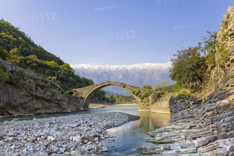Kadiut bridge, arch bridge near Bënjë, Benja, over the wild river Lengarica, landscape near Bënjë with natural thermal springs, Qark Gjirokastra, Albania, Europe