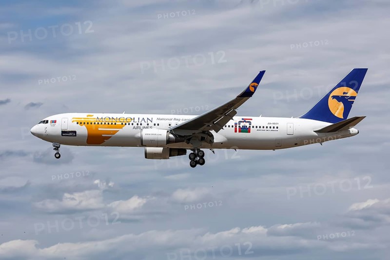 A Boeing 767-300ER aircraft of Mongolian Airlines MIAT with the registration number JU-1021 at Frankfurt Airport, Germany, Europe