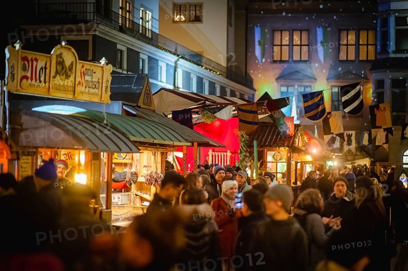 Medieval Christmas market in the stable yard of Dresden's Residenzschloss, a Renaissance knight's tournament complex