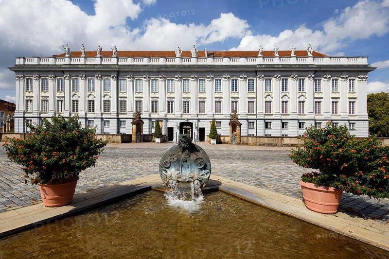 Fountain Ansbacchantin, 1993, by sculptor Jürgen Goertz, behind Residenz Ansbach, Schloss, once seat of government of the Margraves of Brandenburg-Ansbach. today Schlossmuseum of the Bavarian Palace Department and seat of the government of Middle Franconia, Rococo, 1705 -1738, Schlossplatz Ansbach, Middle Franconia, Franconia, Bavaria, Germany, Europe