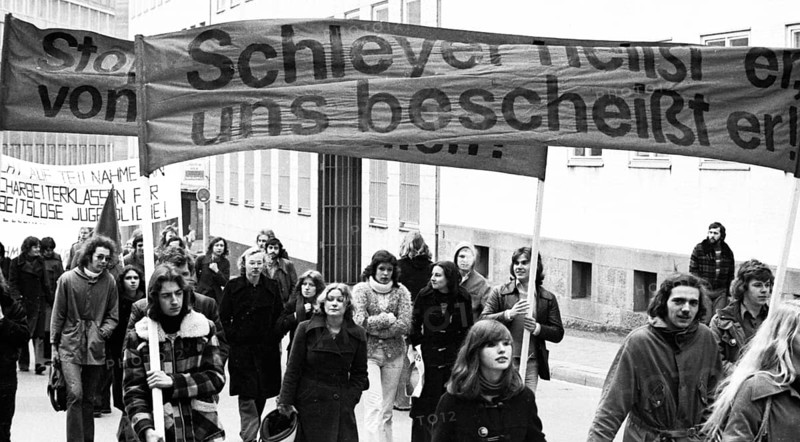 Several hundred apprentices, pupils and students demonstrated together against the reduction of apprenticeships and youth unemployment on 15.03.1975 in Essen, Germany, Europe