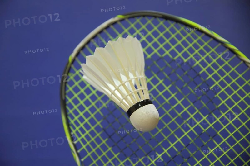 Badminton racket with shuttlecock, sport, badminton, sports equipment, racket, blue, white, studio shot