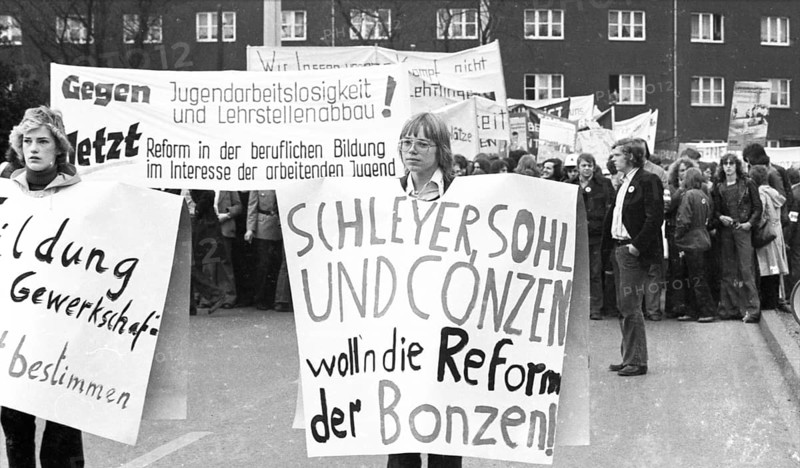 Demonstration of 30, 000 of the DGB youth against unemployment and better vocational training on 19.4.1975 in Dortmund, Germany, Europe