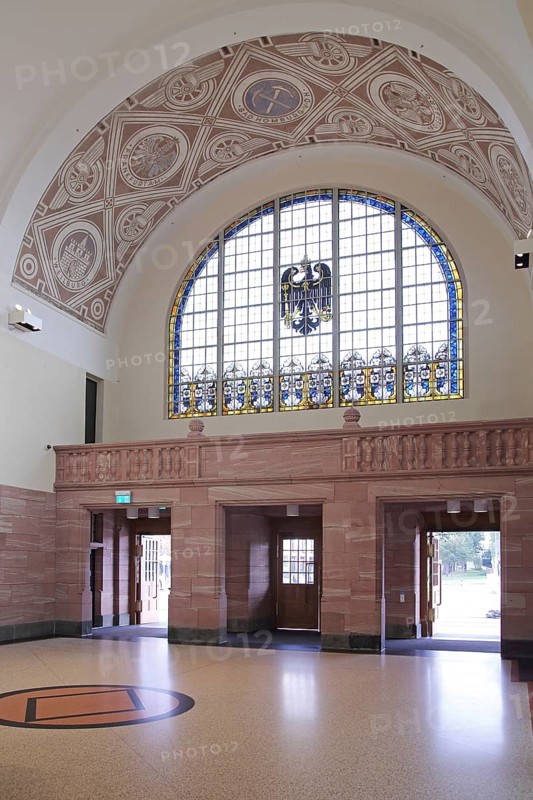 Foyer of the Neo-Renaissance railway station, interior view, glass window, imperial eagle, Bad Homburg, Taunus, Hesse, Germany, Europe