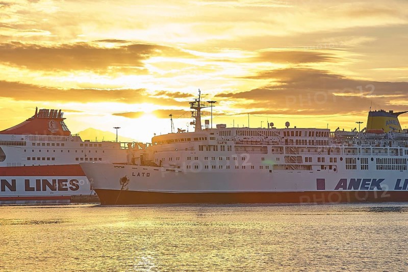 Backlight, ferries, ANEK, Minoan Lines, dramatic cloudy sky, harbour, Heraklion, capital, island of Crete, Greece, Europe