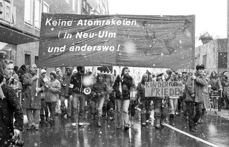 Peace movement demonstrates against missile bases despite heavy snowfall in December 1981, Germany, Europe