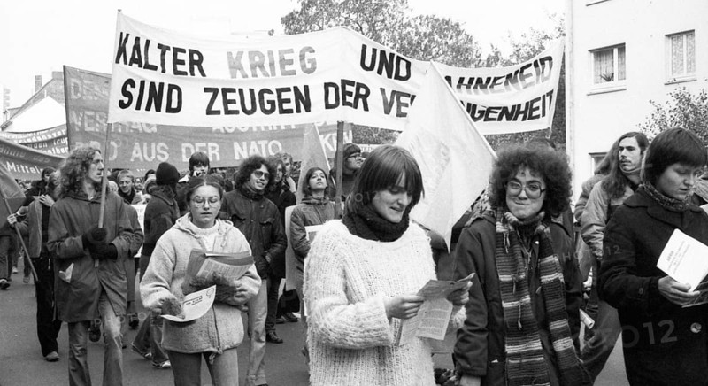 About 8, 000 young people, students and schoolchildren demonstrated against militarism, the Cold War, rearmament and recruitment, called by many youth organisations and parties, in Bonn, Germany on 8 November 1980