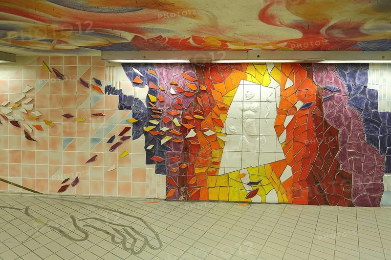 Sculpture Human Family by Peter Piniski 1992, street art, mural, tile, orange, red, hand, mosaic, colourful, underground station, Dornbusch, Main, Frankfurt, Hesse, Germany, Europe