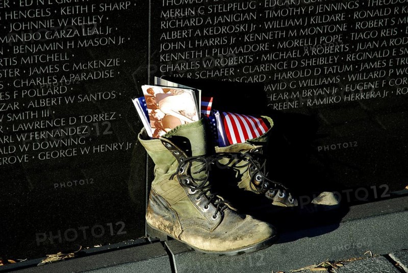 Shoes in front of Vietnam War memorial plaque, Memorial, DC, Vietnam Veterans Memorial, Washington D.C., USA, North America