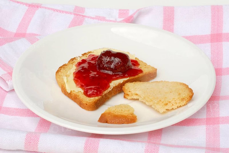 Rusk with strawberry jam on plate, jam, strawberry jam, strawberry infusion, bread rolls, strawberry jam