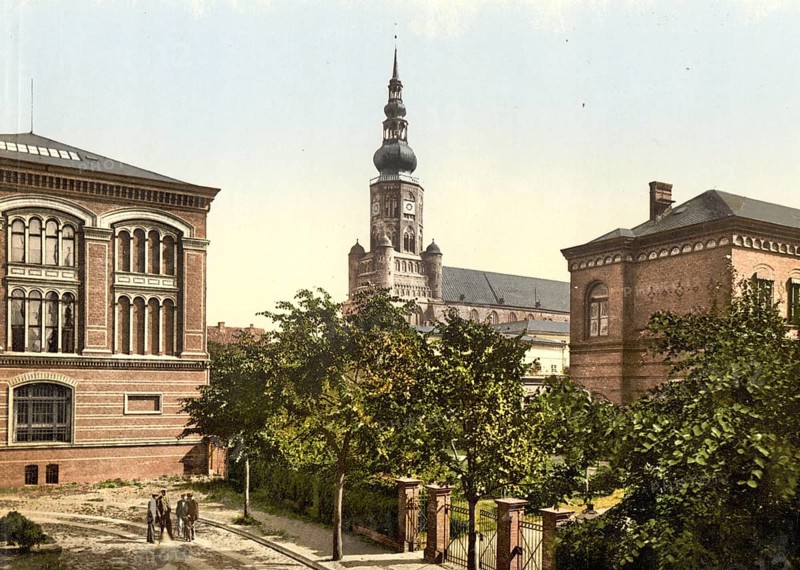 University Library, Greifswald Cathedral St. Nikolai and Physiological Institute in Greifswald, Mecklenburg-Western Pomerania, Historic, digitally enhanced reproduction of a photochrome print from 1898