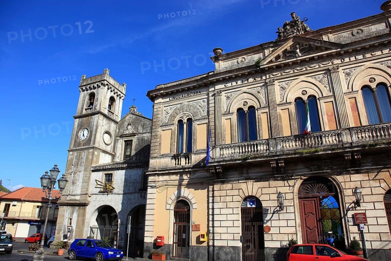 Town of Linguaglossa, the town hall and the church Chiesa di San Francesco di Paola, Sicily, Italy, Europe