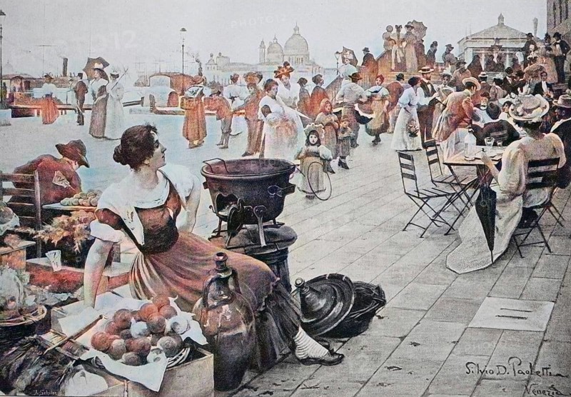 Market and street café on the riva degli schiavoni in Venice, 1880, Italy, Historical, digitally restored reproduction of a 19th century original, Europe