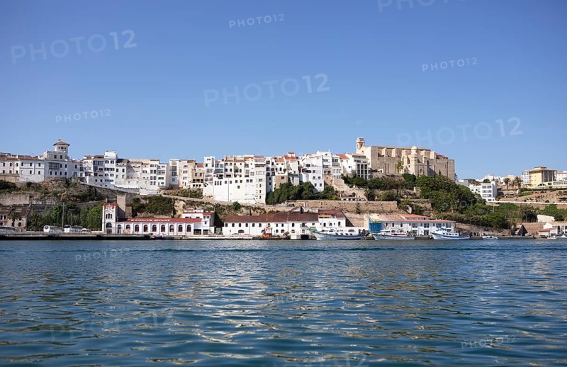 Old town and boats in the natural harbour of Mao, Mahon, Menorca, Spain, Europe