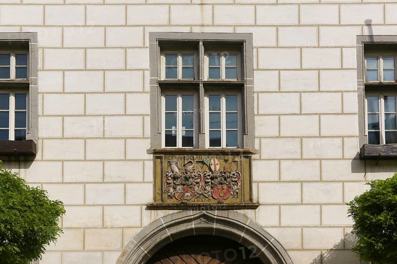 Alliance coat of arms of Count Rudolf VI von Helfenstein and Anna Maria von Staufen on Helfenstein Castle, elephant, heraldic animal, Wiesensteig Castle, residential castle of the Helfensteins, historic building, Renaissance style, architecture, former residence, town house, former seat of the Counts of Helfenstein-Wiesensteig, façade, window, Wiesensteig, Filstal, Baden-Württemberg, Germany, Europe