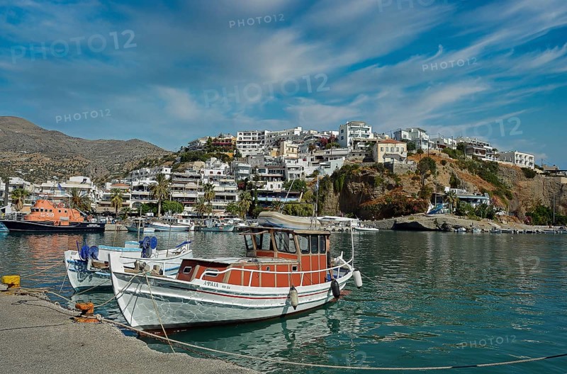 Fishing boats overlooking Agia Galini, Crete, Greece, Europe