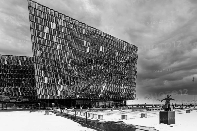 Façade of the Harpa Concert Hall and Congress Centre, black and white photo, Reykjavik, Reykjanes Peninsula, Sudurnes, Iceland, Europe