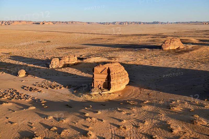 Qasr Al-Farid, 2000-year-old tomb of the Nabataeans, aerial view, Hegra or Madain Salih, AlUla region, Medina province, Saudi Arabia, Arabian Peninsula, Asia