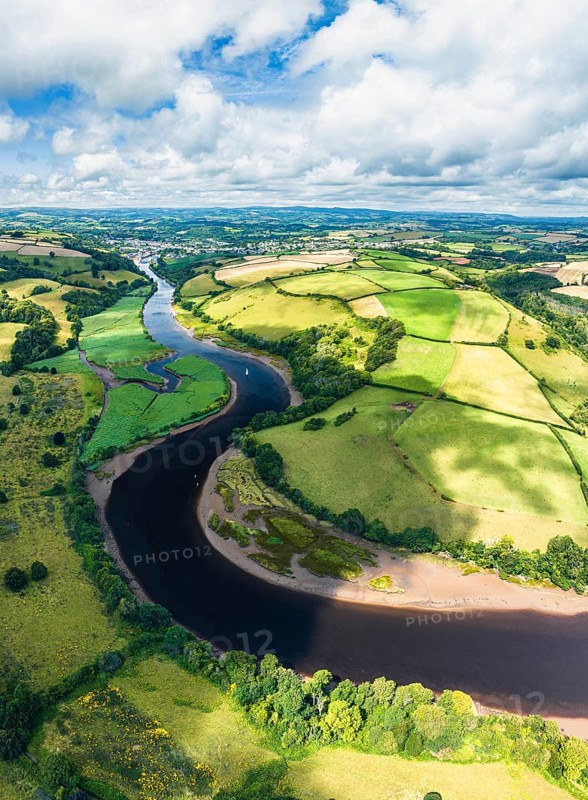 Panorama over Sharpham Meadows and Marsh over River Dart from a drone, Totnes, Devon, England, United Kingdom, Europe