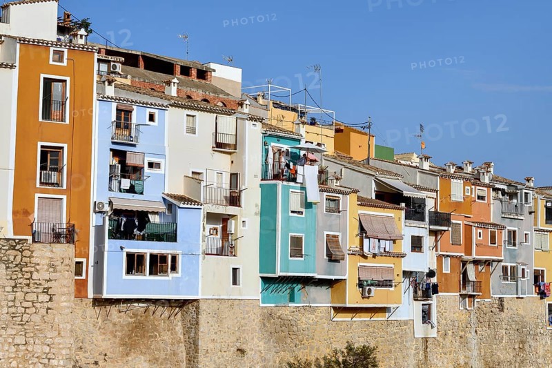 Colourful house facades, La Vila Joiosa, Villajoiosa, Costa Blanca, Valencian Country, Spain, Europe