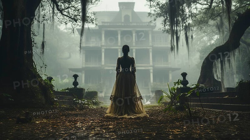 Eerie haunting ghostly female figure walking in front of a foggy southern plantation antebellum mansion on halloween night, generative AI