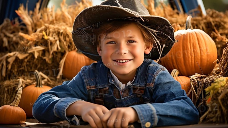 Happy young boy wearing cowboy hat sitting amongst the fall pumpkin harvest, generative AI