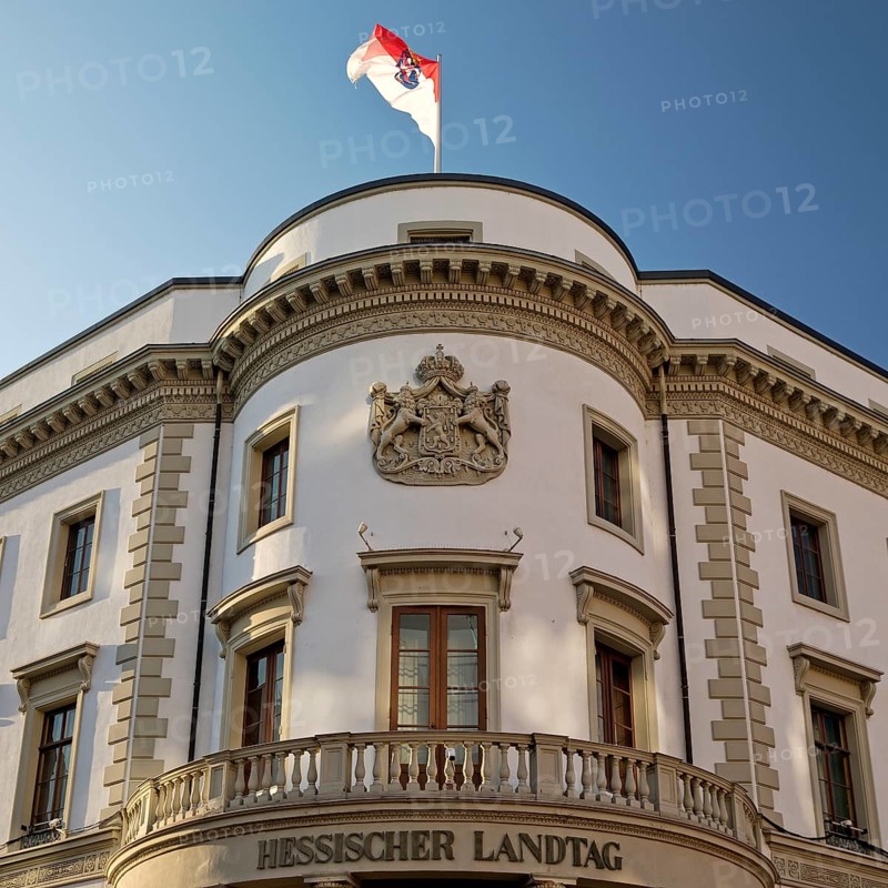 Hessian parliament with state flag in the former Nassau city palace, state capital Wiesbaden, Hesse, Germany, Europe