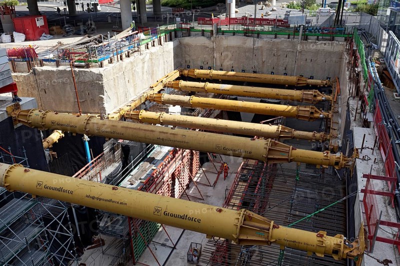 Construction site underground underground station Düsseldorf Airport, U 81, civil engineering with Groundforce hydraulic props, North Rhine-Westphalia, Germany, Europe