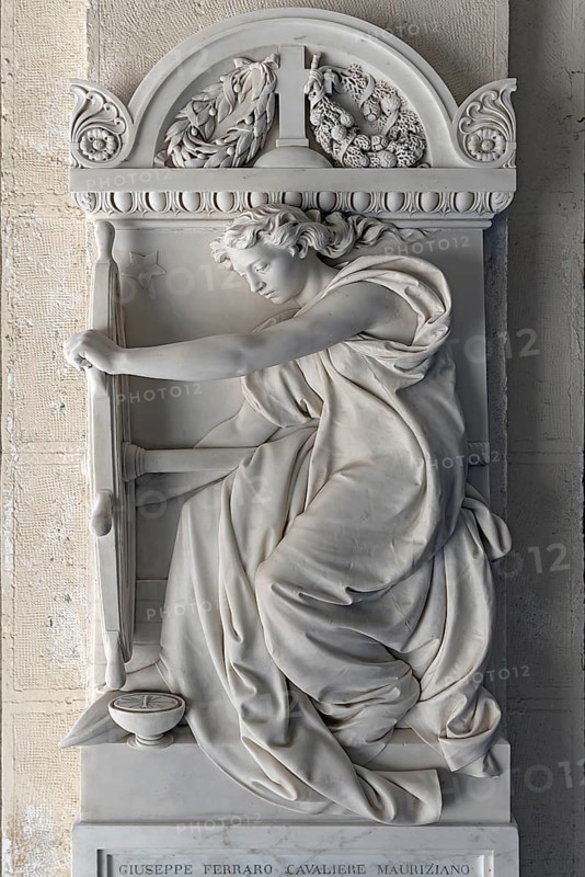 Sculpture of a woman with a ship's steering wheel, Monumental Cemetery, Cimitero monumentale di Staglieno), Genoa, Italy, Europe