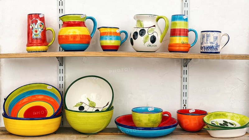 Colourful ceramics, typical tableware in front of a souvenir shop, Óbidos, Portugal, Europe