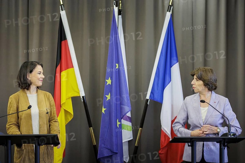 Annalena Bärbock (Bündnis 90 Die Grünen), Federal Minister of Foreign Affairs, and Catherine Colonna, Minister of Foreign Affairs of France, recorded during a press conference of a joint German-French meeting in Lauterbourg, 21.07.2023., Lauterbourg, Germany, Europe