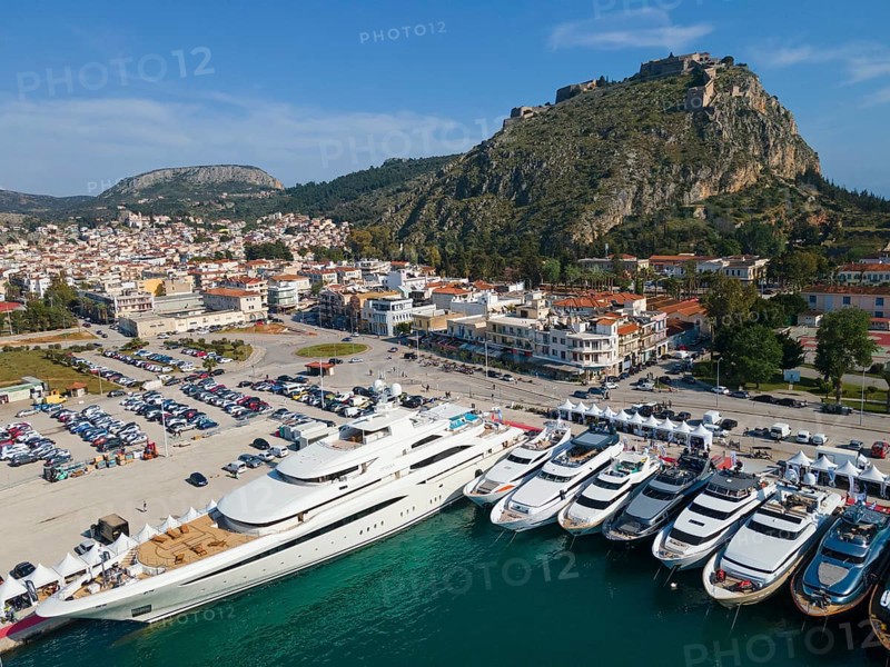 Aerial view, Mediterranean yacht show, harbour, old town and Palamidi fortress, Nafplio, Nauplia, Nauplion, Nafplion, Argolis, Argolic Gulf, Peloponnese, Greece, good weather, sea, Europe