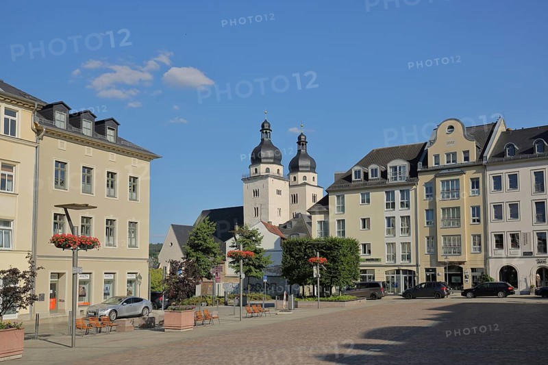 Old Market with Towers of St. John's Church, Plauen, Vogtland, Saxony, Germany, Europe