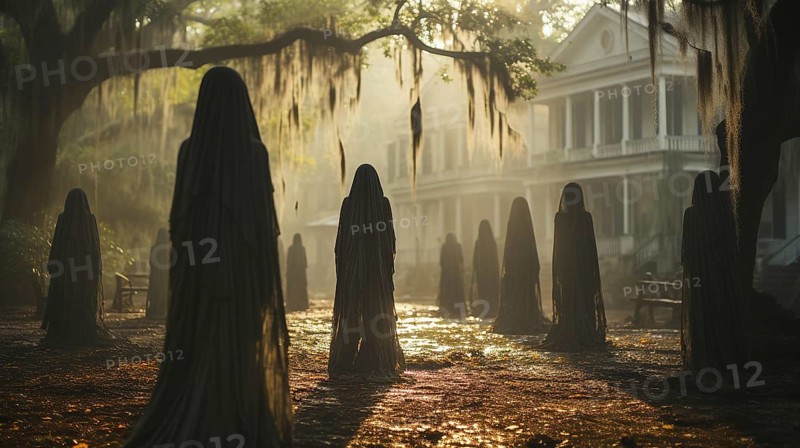 Eerie haunting ghostly silhouetted female figures walking in front of a foggy southern plantation antebellum mansion on halloween night, generative AI