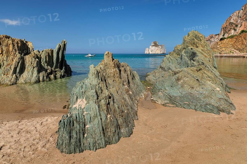 Masua Beach, with Pan di Zucchero, Nebida, Iglesiente, Province of Sud Sardegna, Sardinia, Italy, Nebida, Sardinia, Italy, Europe