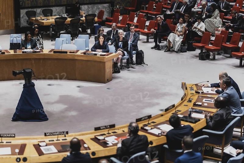 Annalena Bärbock (Bündnis 90 Die Grünen), Federal Minister for Foreign Affairs, photographed at the UN Security Council Meeting and Consultation on the Situation in Ukraine in New York City, 17.07.2023. Annalena Bärbock travels to New York to attend the ceremony marking the 25th anniversary of the Rome Statute of the International Court of Justice., New York City, United States, North America