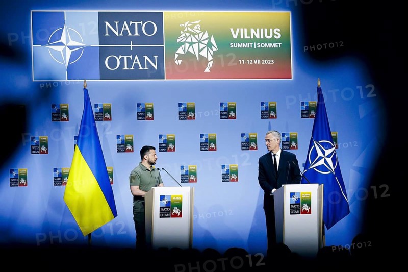 Ukrainian President Volodomyr Zelensky and NATO Secretary General Jens Stoltenberg, pictured at a joint press conference at the NATO Summit in Vilnius, Lithuania. Vilnius, 12.07.2023., Vilnius, Lithuania, Europe