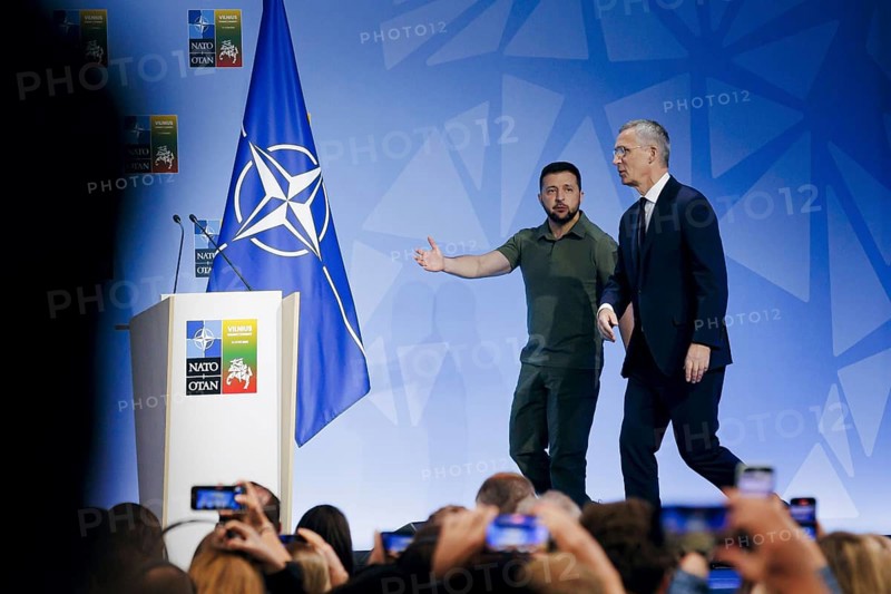 Ukrainian President Volodomyr Zelensky and NATO Secretary General Jens Stoltenberg, pictured at a joint press conference at the NATO Summit in Vilnius, Lithuania. Vilnius, 12.07.2023., Vilnius, Lithuania, Europe