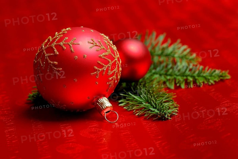 Christmas baubles and fir branch, Christmas decoration, Christmas tree decorations, fir greenery