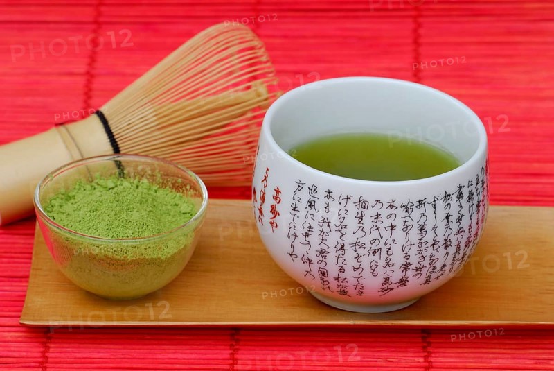 Japanese Matcha tea, 'Chasen' bamboo broom, bowl with green tea powder, green tea, green tea