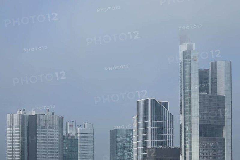 View from Kaiserdom to skyscrapers, Tower with Commerzbank, Skyper, Silber-Tower, Sparkasse, Taunusturm and Trianon hidden in the fog, Old Town, Main, Frankfurt, Hesse, Germany, Europe